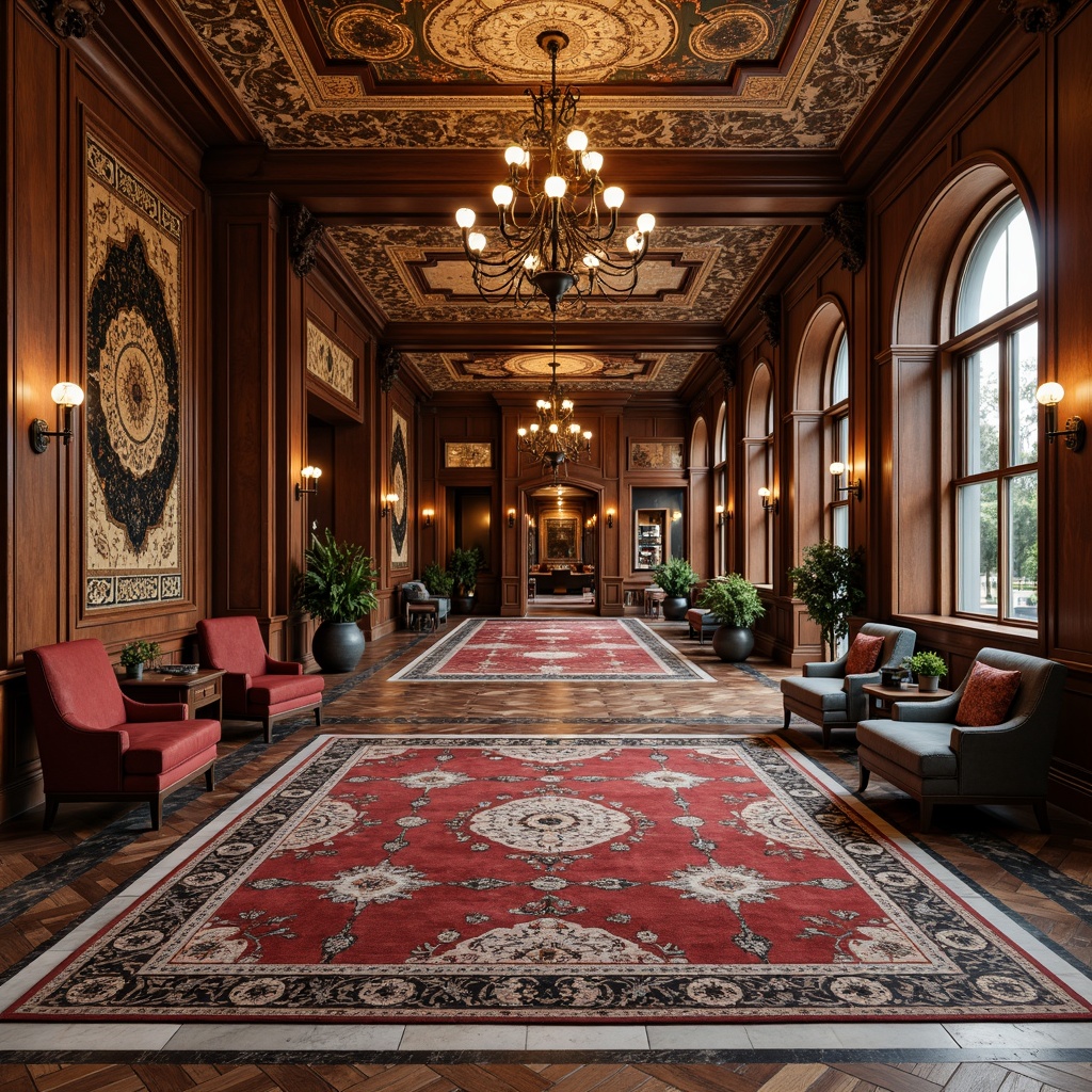 Prompt: Richly patterned rugs, intricately designed tiles, distressed hardwood floors, ornate parquet flooring, luxurious velvet carpets, majestic herringbone patterns, elegant chevron designs, vintage-inspired encaustic tiles, classic black and white hexagonal tiles, sophisticated marble inlays, opulent Persian-style rugs, lavish silk carpets, grand chandeliers, warm ambient lighting, richly textured walls, ornate moldings, intricately carved wooden panels.