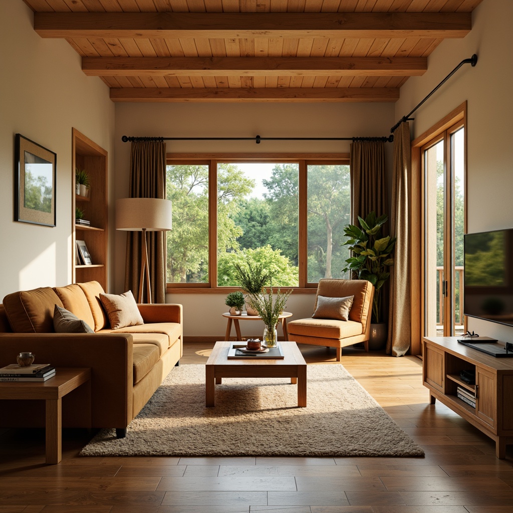 Prompt: Cozy living room, warm beige walls, rich wood furniture, plush velvet sofa, soft golden lighting, natural fiber rugs, earthy tone accents, calming atmosphere, serene ambiance, comfortable seating area, floor-to-ceiling windows, lush greenery views, bright morning sunlight, gentle afternoon shadows, soothing color harmony, analogous color scheme, monochromatic tones.