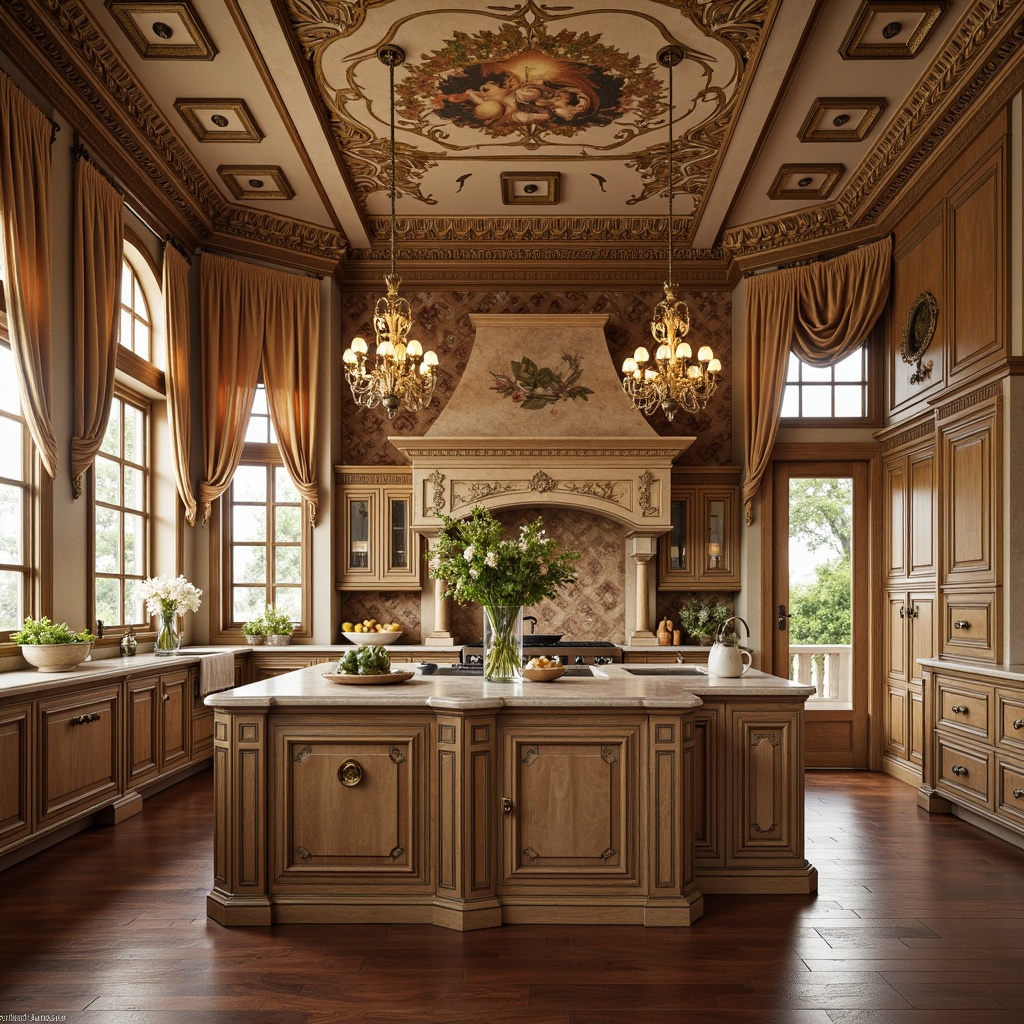 Prompt: Renaissance-style kitchen, ornate backsplash, intricately carved marble, warm beige tones, gilded accents, elegant cabinetry, classic archways, luxurious velvet drapes, vintage bronze hardware, rich wood flooring, soft golden lighting, dramatic ceiling treatments, fresco-inspired designs, ornamental tile work, Mediterranean-inspired colors, rustic stone textures, decorative corbels, lavish crown molding, grandiose kitchen island, majestic range hood, opulent pendant lights.