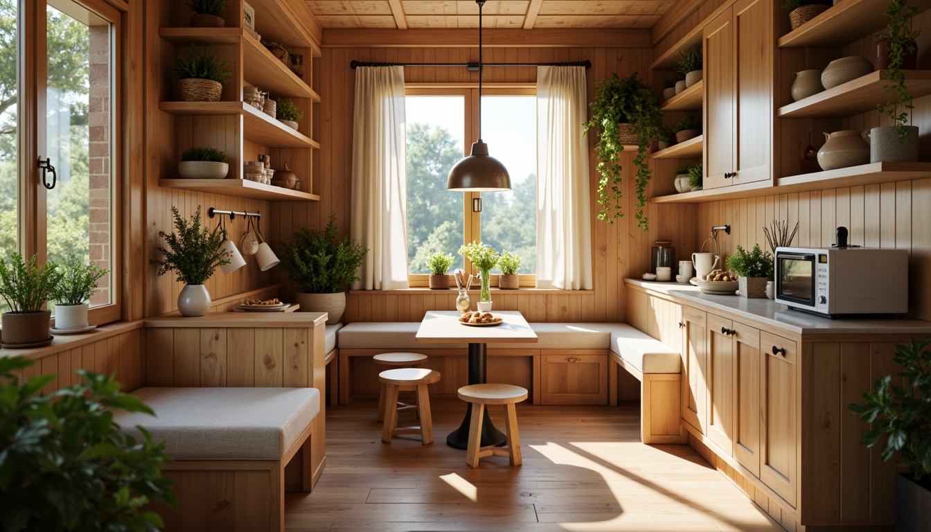 Prompt: Cozy breakfast nook, warm wooden accents, soft cushioned benches, built-in storage shelves, natural stone countertops, pendant lighting, earthy color palette, minimalist decor, compact refrigerator, microwave oven, electric kettle, utensil organizers, ceramic dinnerware, woven baskets, lush greenery, sunny morning light, shallow depth of field, 1/1 composition, realistic textures, ambient occlusion.