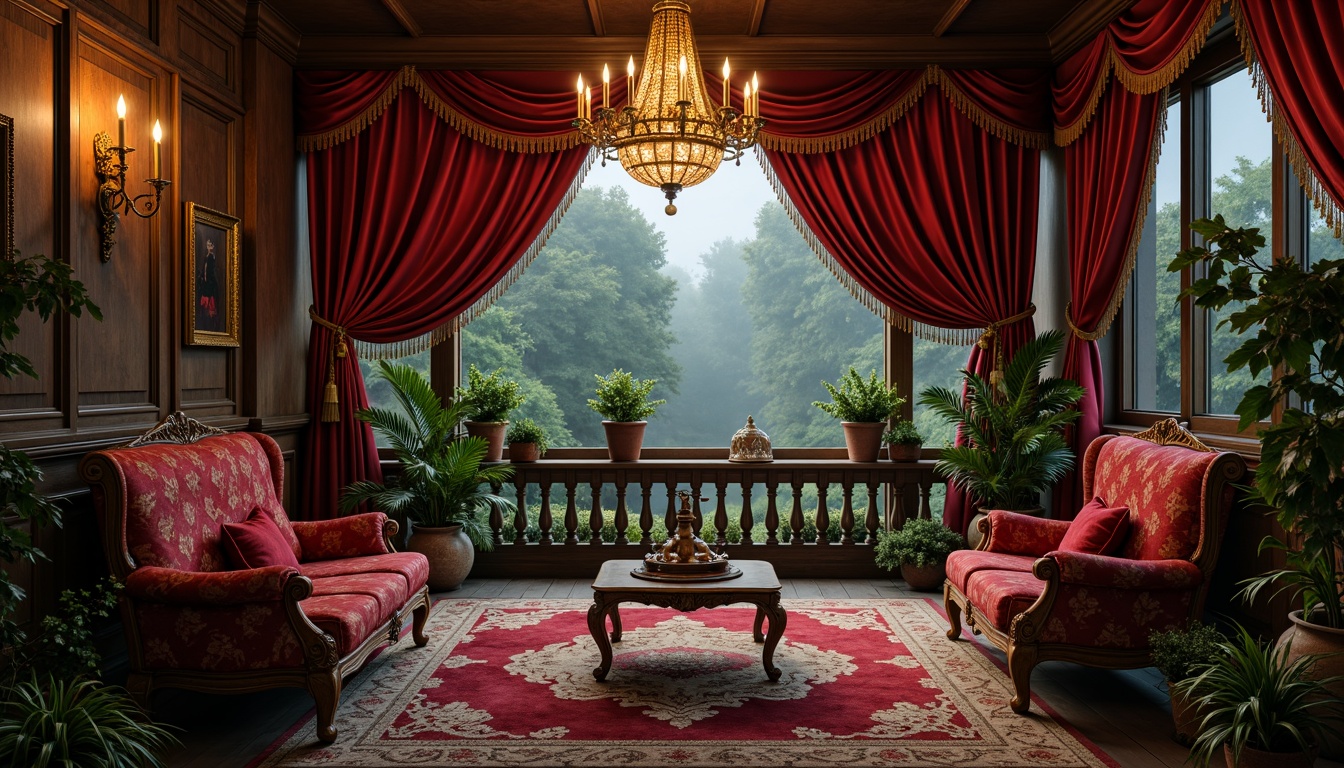 Prompt: Luxurious velvet fabrics, rich brocade patterns, intricate floral motifs, ornate tassel details, heavy drapery, lavish silk upholstery, carved wooden furniture, antique brass fixtures, opulent chandeliers, warm golden lighting, dense foliage, mysterious foggy atmosphere, 1/1 composition, realistic textures, subtle ambient occlusion.