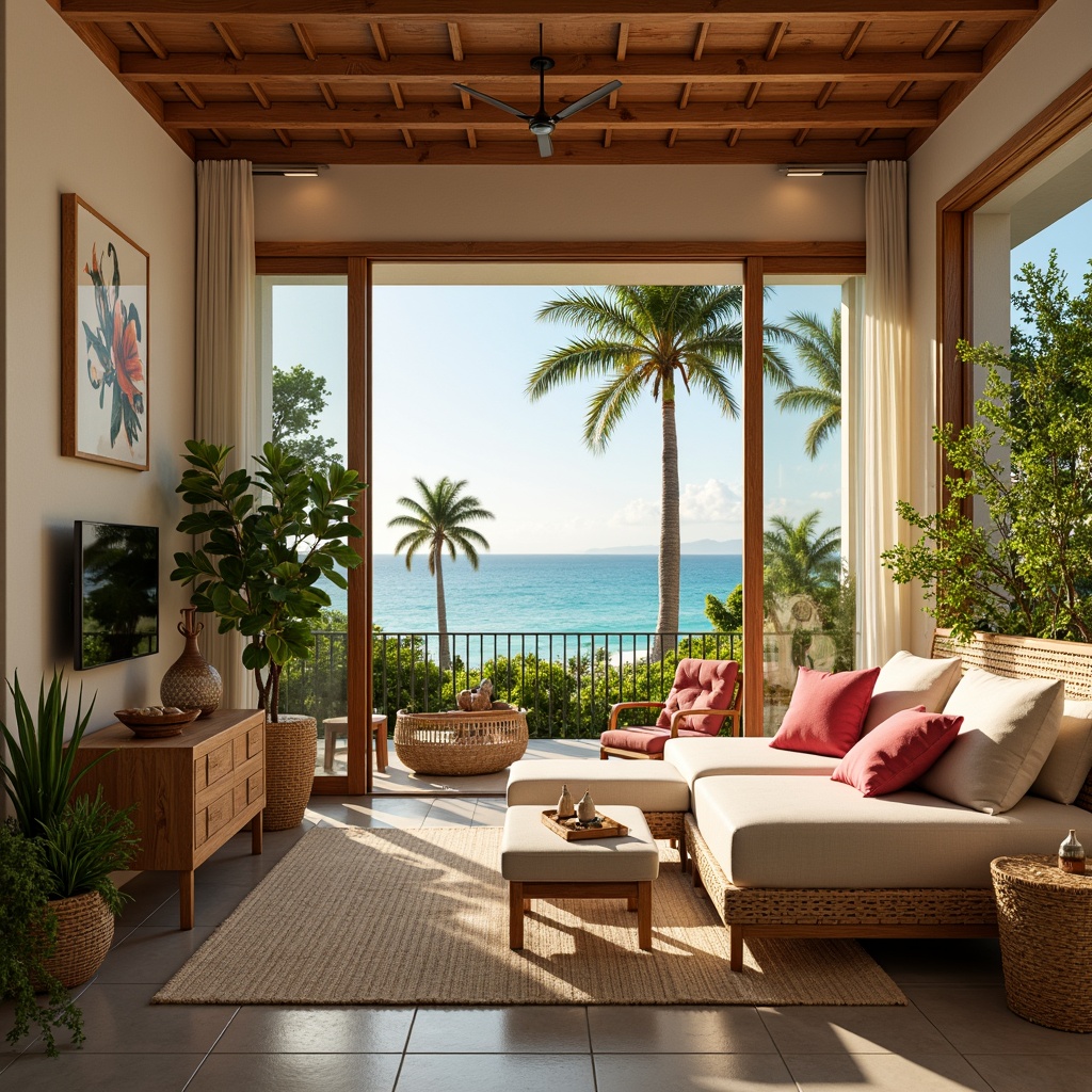 Prompt: Vibrant tropical bedroom, exotic palm trees, lush greenery, bright coral pink accents, soft sandy beige walls, warm golden lighting, natural woven textiles, rattan furniture, plush velvet pillows, turquoise blue hues, ocean-inspired decorative shells, driftwood accessories, airy open spaces, minimalist modern design, refreshing coastal ambiance, gentle sea breeze, 1/1 composition, shallow depth of field, warm soft focus.