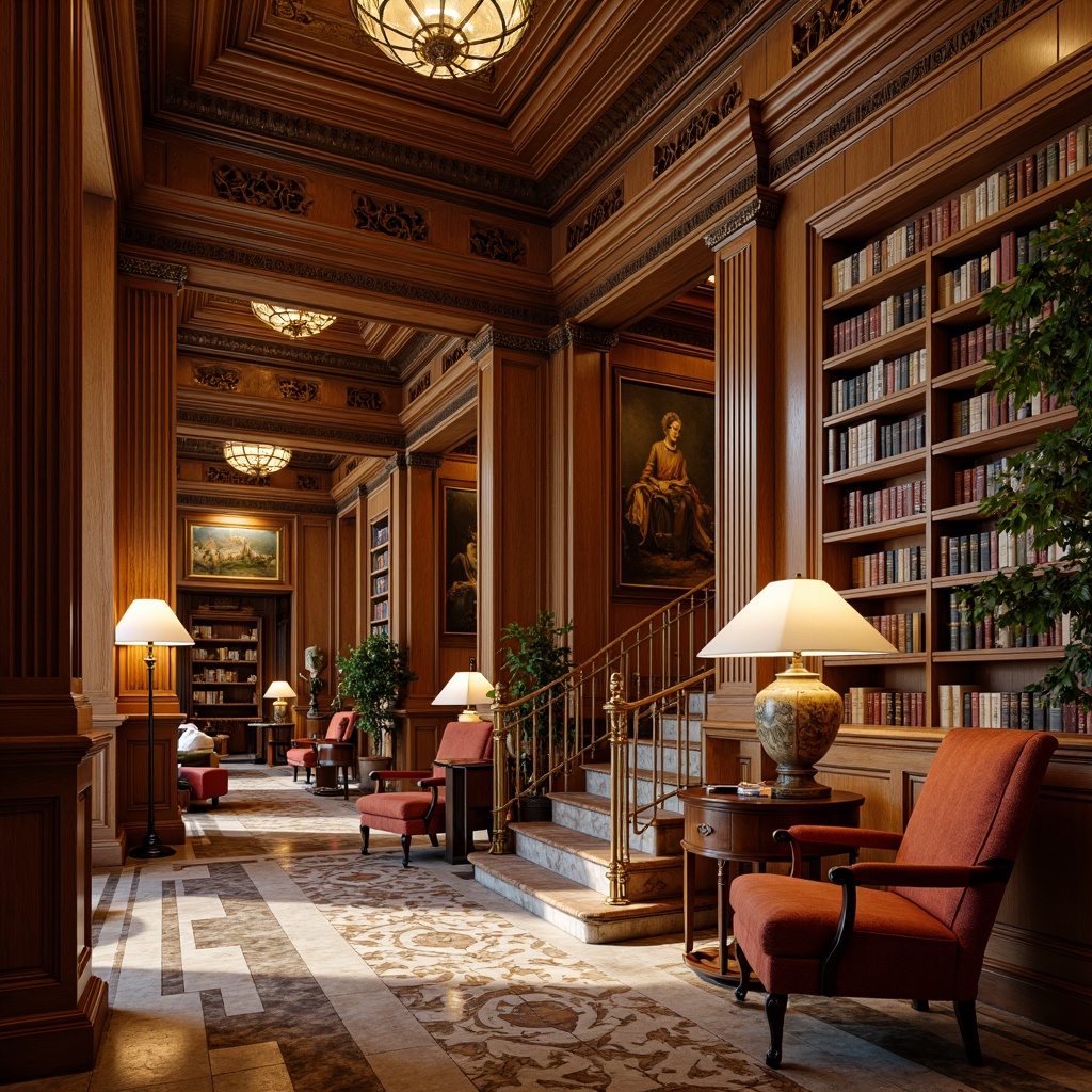 Prompt: Rich wooden paneling, ornate carvings, luxurious leather-bound tomes, grand staircase, vintage reading lamps, comfortable velvet armchairs, warm beige walls, elegant crown molding, classic oil paintings, floor-to-ceiling bookshelves, intricate marble floors, soft golden lighting, 1/2 composition, atmospheric perspective, realistic textures, subtle ambient occlusion.