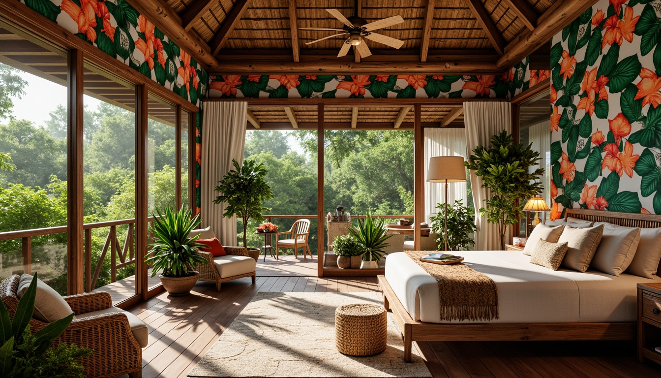 Prompt: Vibrant tropical bedroom, exotic floral patterns, bold colorful fabrics, natural linen textures, woven rattan furniture, carved wooden accents, lush greenery, palm fronds, bright sunny day, warm soft lighting, shallow depth of field, 1/2 composition, intimate atmosphere, cozy reading nook, plush area rug, statement wallpaper, bamboo ceiling fan, distressed wood flooring, eclectic global decor.