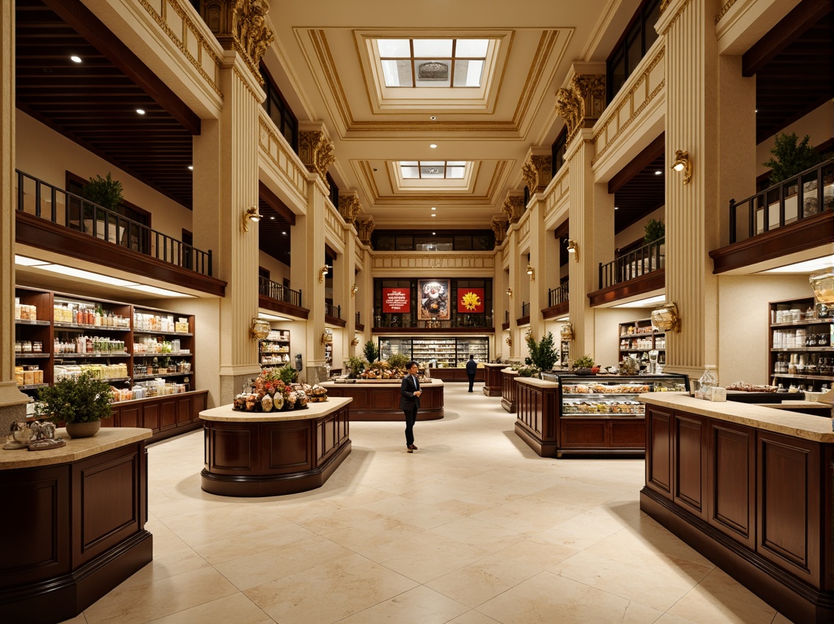 Prompt: Elegant neoclassical grocery store, ornate columns, intricate moldings, high ceilings, polished marble floors, decorative archways, classic wooden shelves, vintage-inspired signage, soft warm lighting, warm beige walls, rich dark wood accents, ornamental metalwork, subtle patina effects, realistic textures, ambient occlusion, shallow depth of field, 3/4 composition, panoramic view.