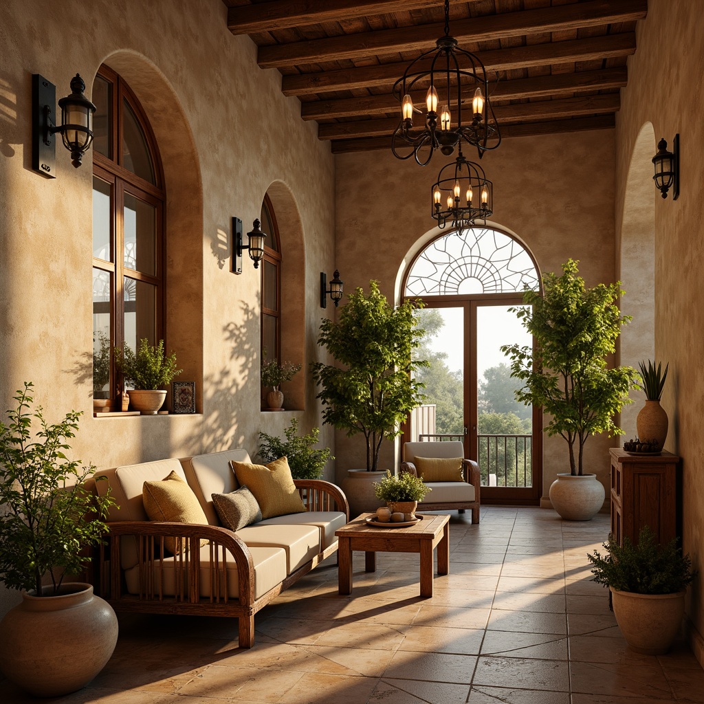 Prompt: Warm Mediterranean ambiance, rustic stone walls, arched windows, ornate ironwork, distressed wood furniture, soft golden lighting, elegant chandeliers, wrought iron sconces, lantern-style pendant lights, creamy ceramic vases, lush greenery, natural textiles, earthy color palette, warm beige tones, cozy atmosphere, subtle shimmering effect, gentle glow, 1/1 composition, realistic materials, ambient occlusion.