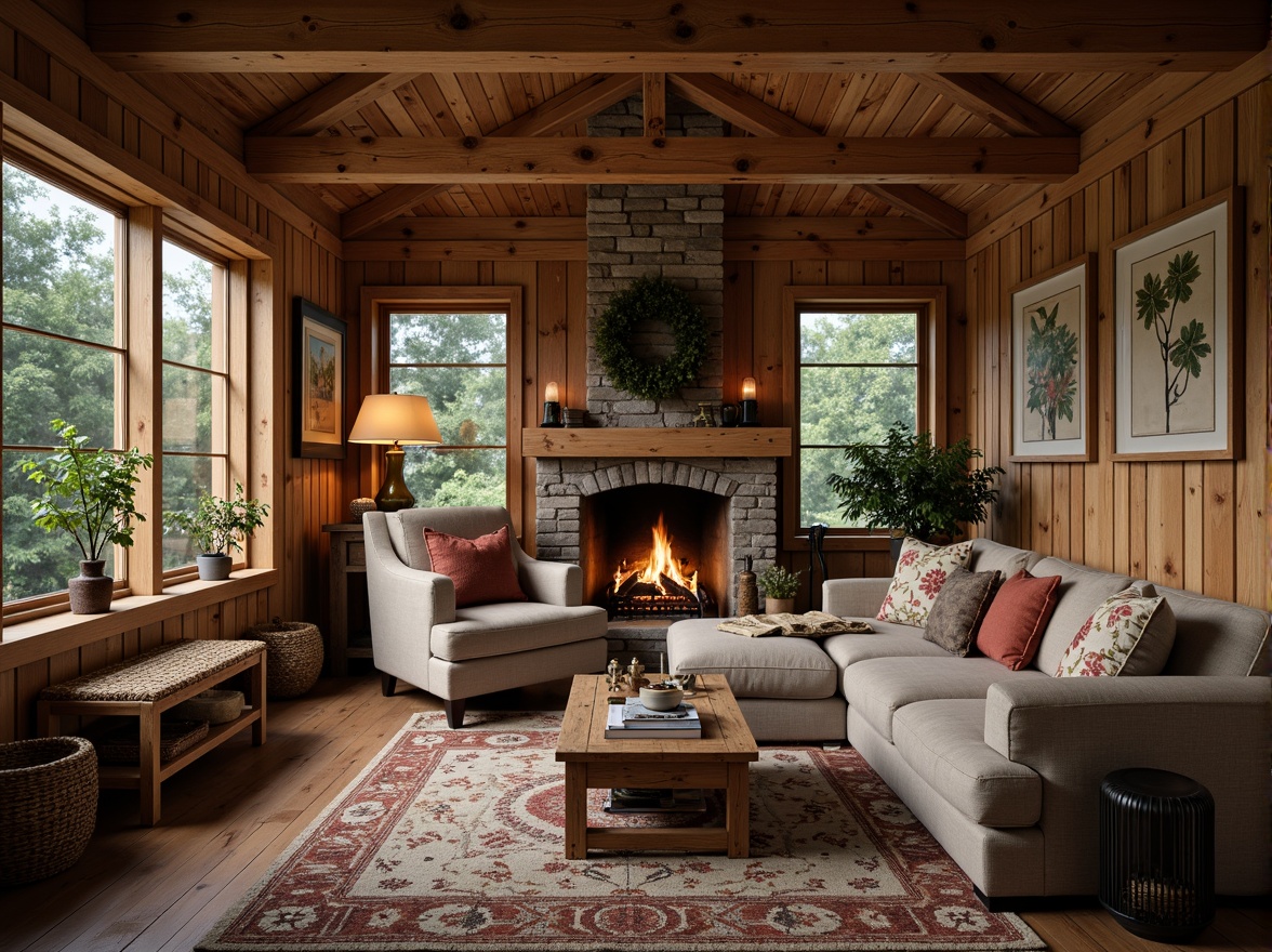 Prompt: Rustic cabin, wooden accents, natural textures, earthy tones, vintage decor, distressed finishes, reclaimed wood furniture, plush cushions, woven baskets, stone fireplaces, candlelight ambiance, warm cozy atmosphere, rich wood grains, metal hardware, natural fiber rugs, botanical prints, nature-inspired patterns, soft warm lighting, shallow depth of field, 1/1 composition, realistic textures.