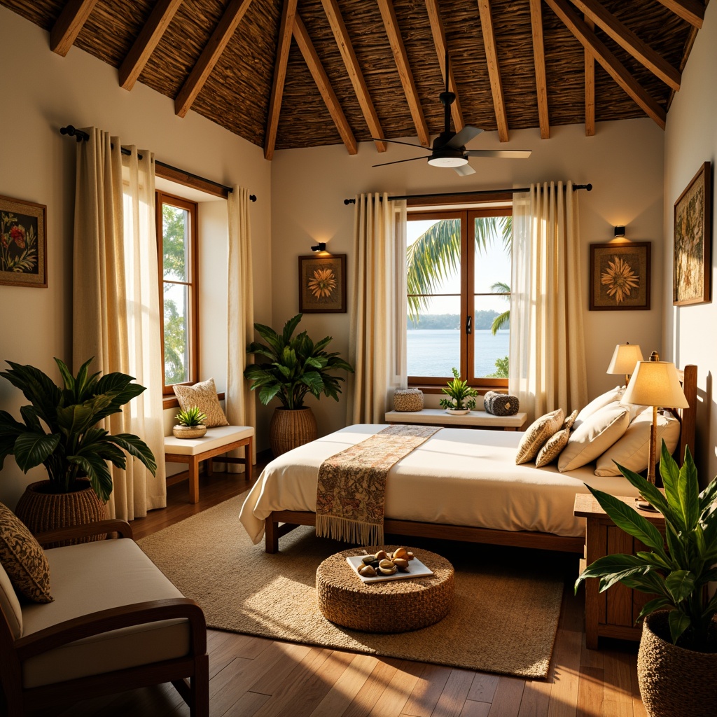 Prompt: Vibrant tropical bedroom, warm golden lighting, soft linen drapes, rattan furniture, exotic wood accents, lush greenery, natural woven fibers, island-inspired textiles, shell decorations, driftwood accessories, ocean breeze feel, relaxed ambiance, calming atmosphere, warm beige walls, cream-colored bedding, nature-inspired art pieces, ambient floor lamps, table lamps with natural linens shades, warm white string lights, subtle coastal scent, 1/1 composition, soft focus, warm color temperature, cozy textures.