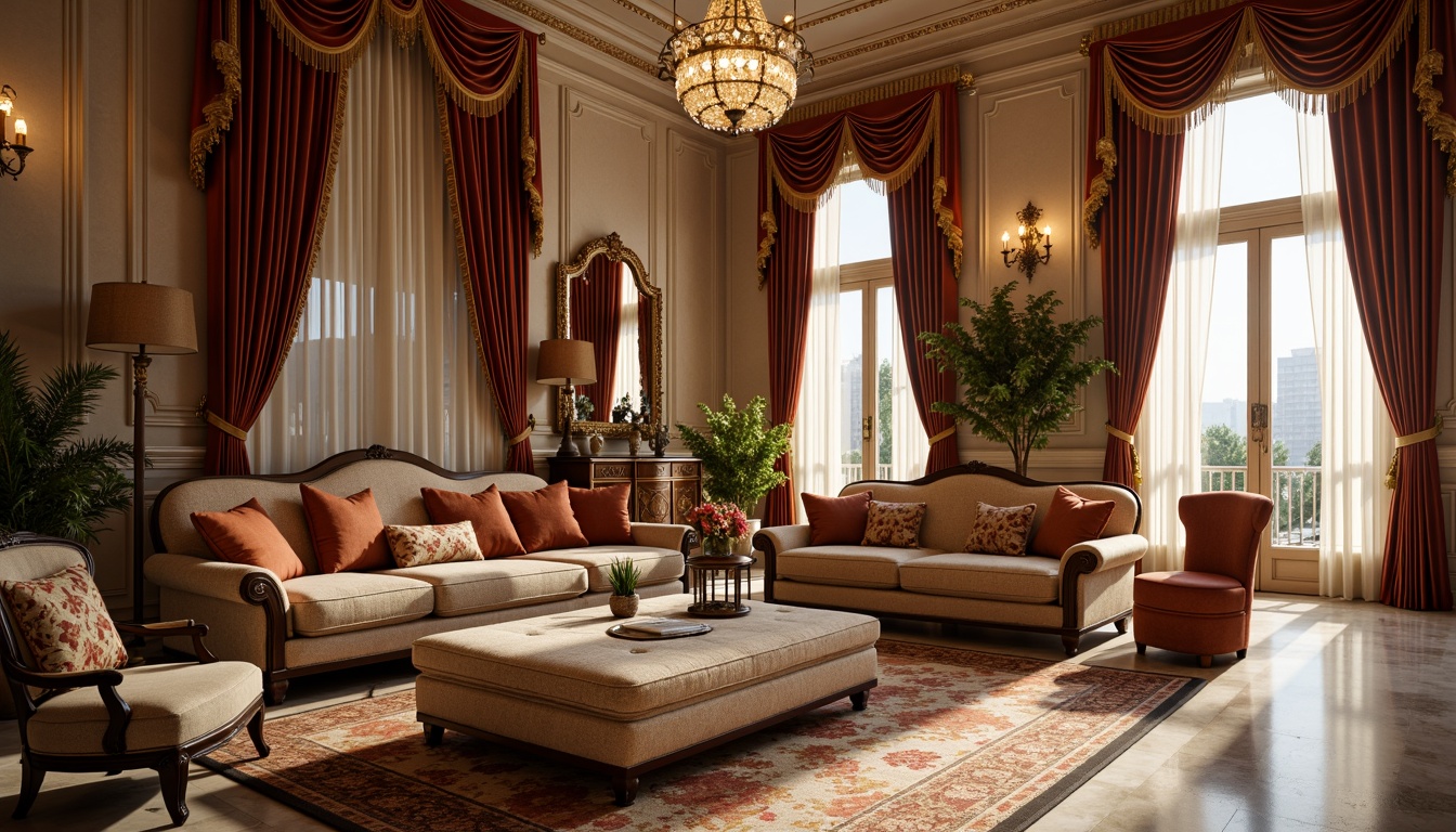 Prompt: Rich velvet fabrics, ornate patterns, golden embroidery, luxurious upholstery, antique furniture, carved wooden accents, crystal chandeliers, grandiose drapery, majestic columns, high ceilings, marble floors, subtle sheen, warm beige tones, elegant silks, sophisticated brocades, refined jacquards, opulent tassels, intricate florals, subtle stripes, classic motifs, soft warm lighting, shallow depth of field, 2/3 composition, realistic textures, ambient occlusion.