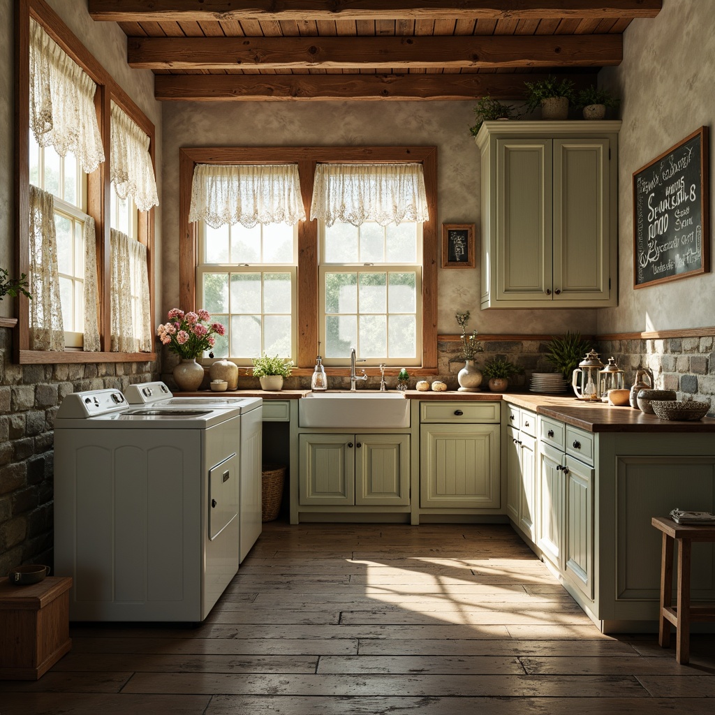 Prompt: Vintage laundry room, distressed wood cabinets, soft pastel colors, lace curtains, floral patterns, ruffled fabrics, antique washing machines, rustic metal lanterns, worn wooden floors, natural stone walls, soft warm lighting, shallow depth of field, 1/1 composition, realistic textures, ambient occlusion.