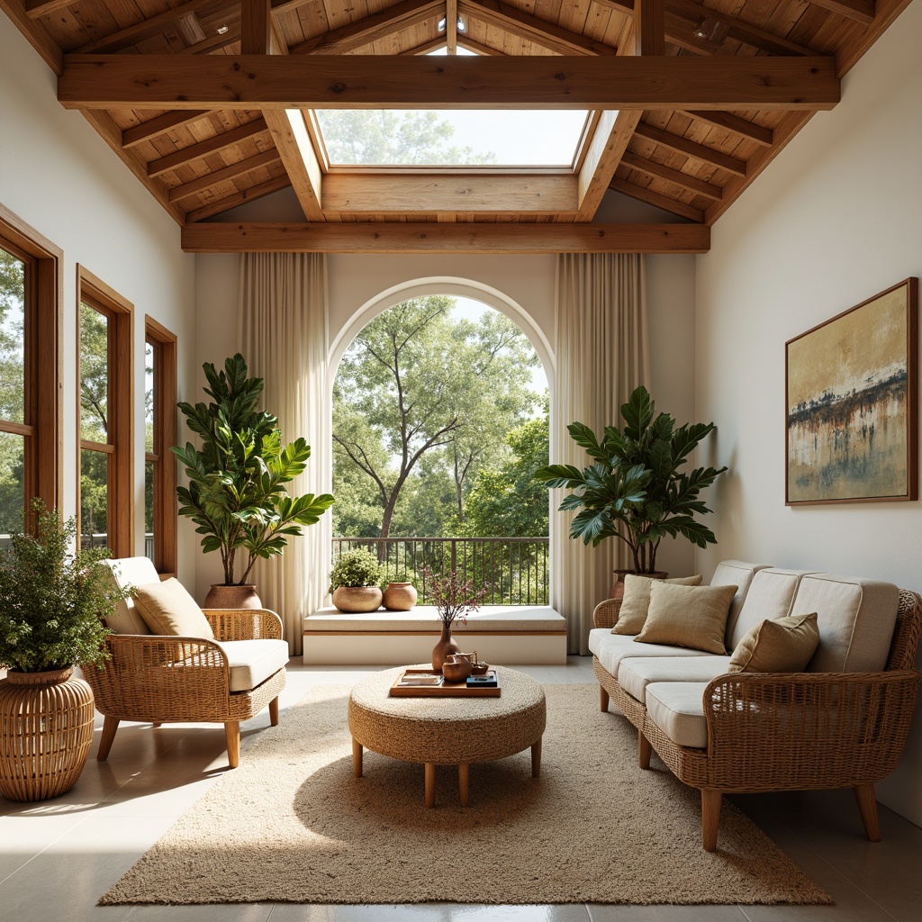 Prompt: Organic mid-century modern interior, natural wood accents, woven rattan furniture, earthy tone color palette, linen upholstery, jute rugs, potted greenery, wooden ceiling beams, clerestory windows, soft diffused lighting, 1/1 composition, shallow depth of field, realistic textures, ambient occlusion.