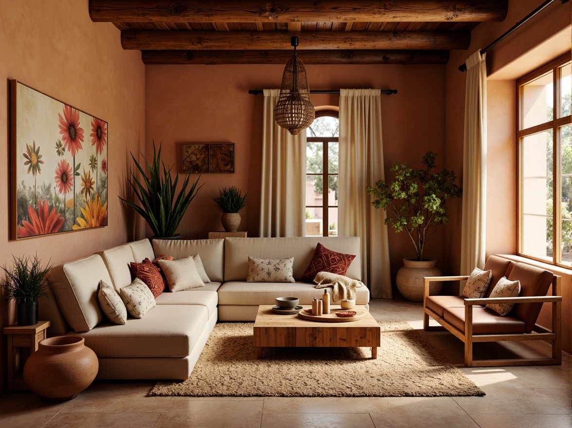 Prompt: Warm adobe walls, rustic wooden accents, natural stone flooring, earthy terracotta pots, woven jute rugs, vintage southwestern patterns, warm beige sofas, distressed leather armchairs, pendant lanterns, natural fiber drapes, organic shapes, tribal-inspired textiles, soft warm lighting, shallow depth of field, 1/1 composition, realistic textures, ambient occlusion.