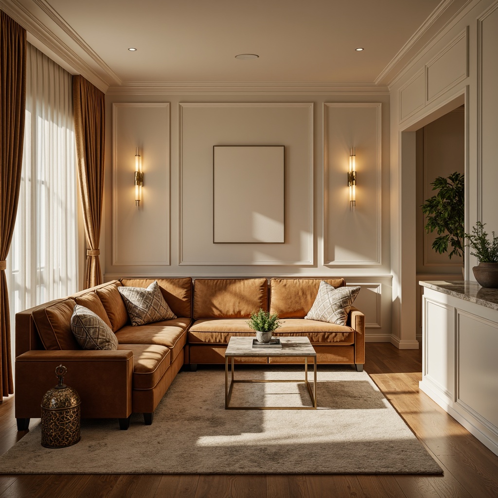 Prompt: Richly textured velvet furniture, warm beige walls, soft cream accents, luxurious golden lighting fixtures, plush area rugs, natural wood flooring, elegant marble countertops, subtle patterned throw pillows, sophisticated chrome hardware, calming ambient lighting, shallow depth of field, 1/1 composition, realistic textures, ambient occlusion.