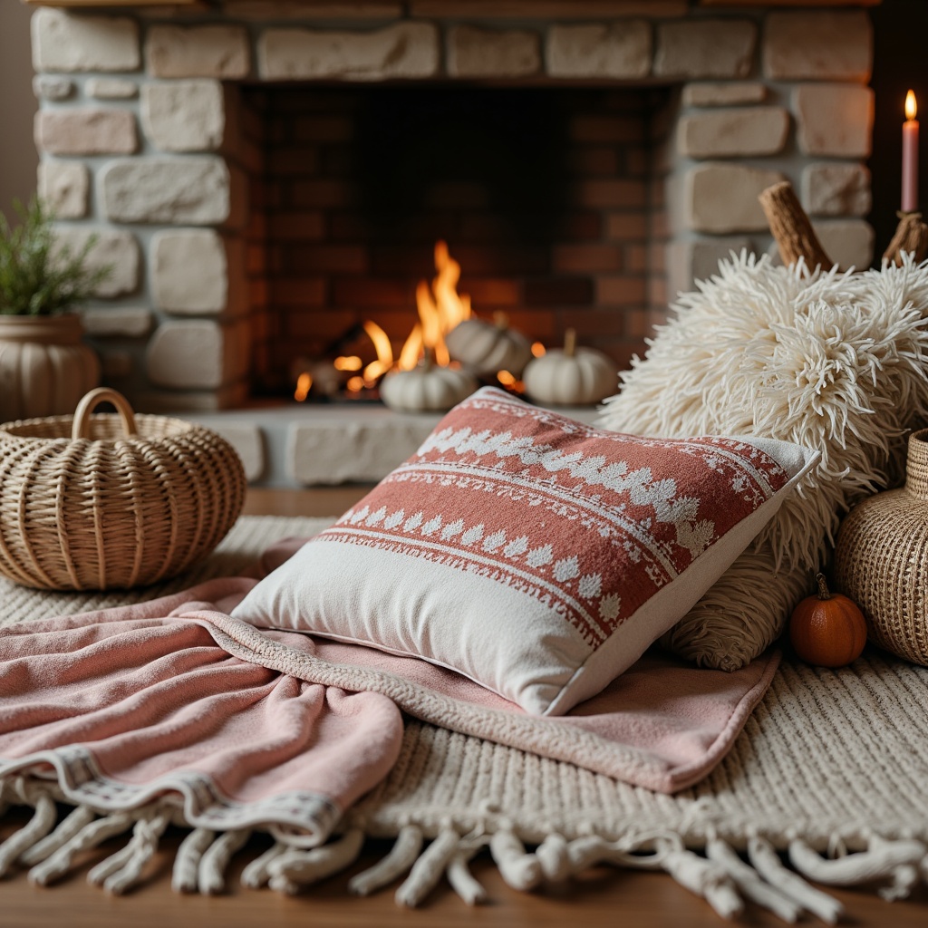 Prompt: Cozy throw blankets, plush pillows, woven baskets, natural fibers, soft pastel colors, organic shapes, tactile sensations, earthy tones, rustic wood accents, warm ambient lighting, inviting atmosphere, serene interior design, comfortable seating areas, crackling fireplace, autumnal color palette, rich velvet fabrics, intricate embroidery patterns, chunky knitwear, distressed denim textures, bohemian-inspired decor.