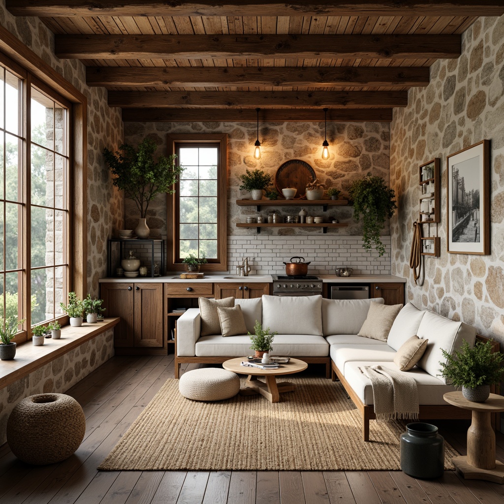 Prompt: Rustic farmhouse interior, reclaimed wood accents, natural stone walls, earthy color palette, vintage metal decor, woven wicker furniture, linen upholstery, jute rugs, potted greenery, distressed wooden beams, wooden ladder shelving, country-style kitchen, ceramic tile backsplash, copper lighting fixtures, warm soft lighting, cozy reading nook, plush throw blankets, organic textures, 1/1 composition, intimate atmosphere, inviting ambiance.