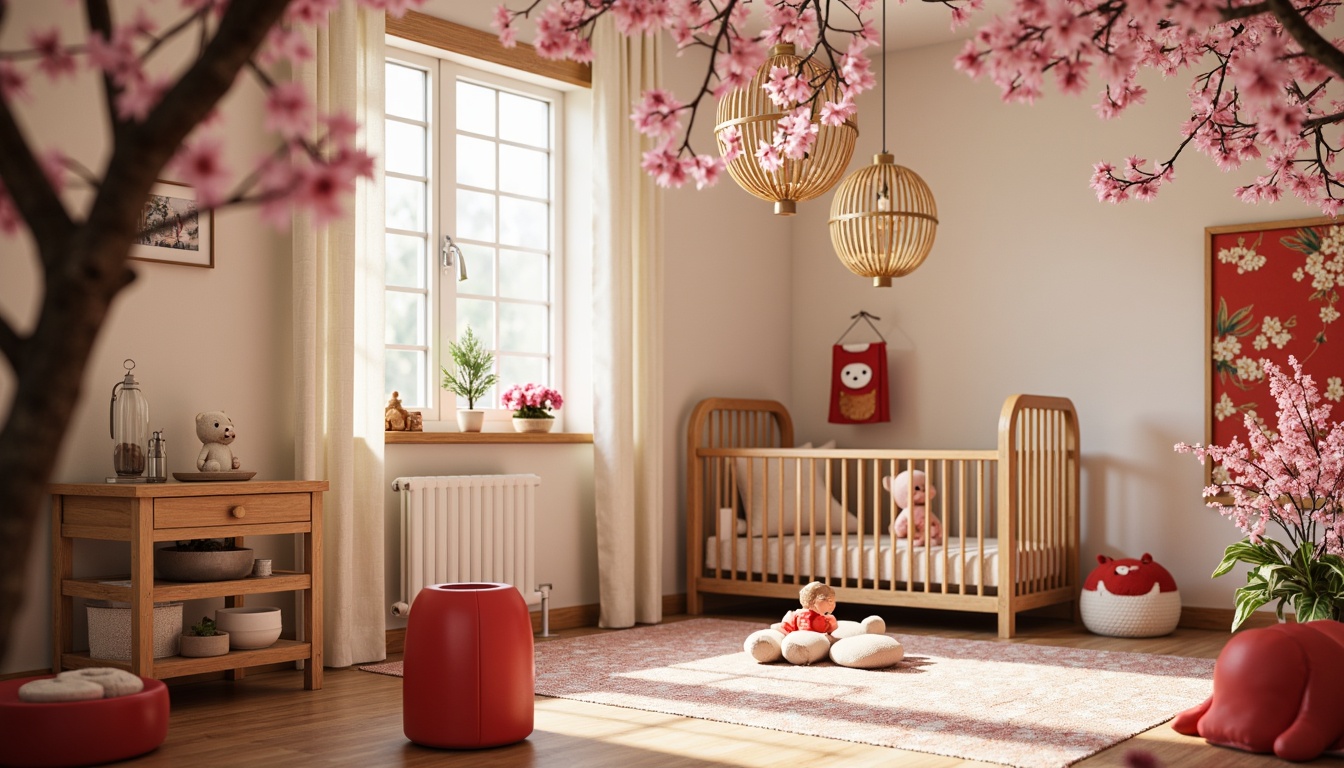 Prompt: Delicate cherry blossom branches, soft pink petals, gentle lanterns, intricately carved wooden cribs, plush silk fabrics, vibrant red accents, golden dragon motifs, subtle bamboo textures, serene natural light, warm beige walls, minimalist furniture design, traditional Asian-inspired patterns, adorable baby toys, cozy reading nooks, peaceful atmosphere, shallow depth of field, 1/2 composition, soft focus effect.