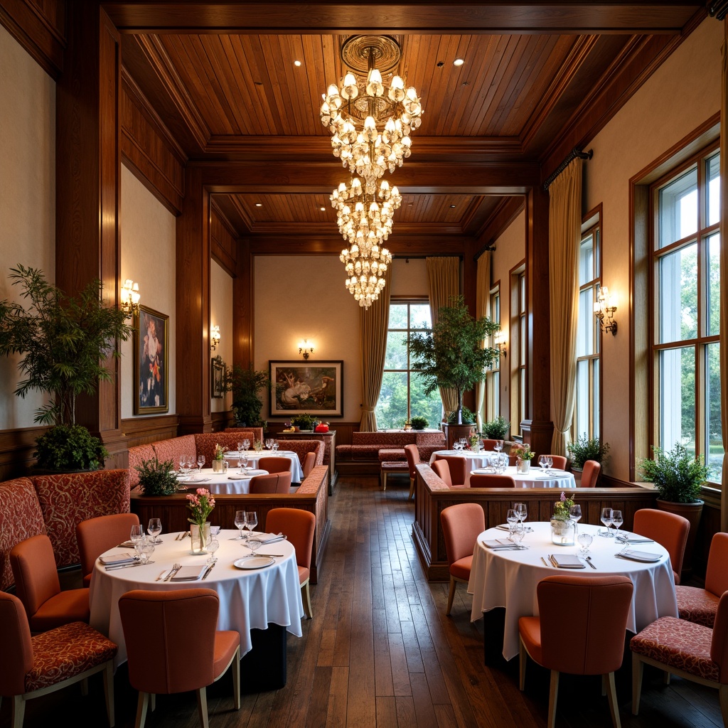 Prompt: Elegant dining hall, luxurious chandelier, rich wood tones, velvet upholstery, ornate carvings, refined table settings, polished silverware, crisp white linens, ambient soft lighting, warm beige walls, dark hardwood floors, sophisticated artwork, grand windows, flowing drapery, inviting seating areas, comfortable cushioning, rustic wooden accents, nature-inspired centerpieces, autumnal color palette, harmonious proportions, 3/4 composition, realistic textures, subtle shading.