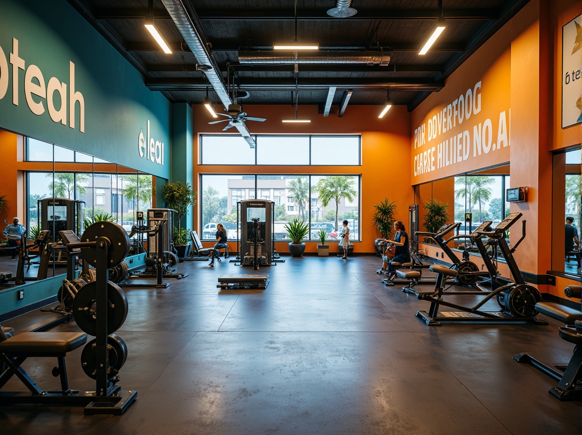 Prompt: Vibrant home gym, bold color scheme, energetic atmosphere, motivational quotes, modern equipment, sleek machines, rubber flooring, mirrored walls, high ceilings, natural light, bright windows, warm wood accents, calming blue tones, invigorating orange hues, stimulating green shades, refreshing white surfaces, dynamic lighting, 3/4 composition, shallow depth of field, realistic textures, ambient occlusion.