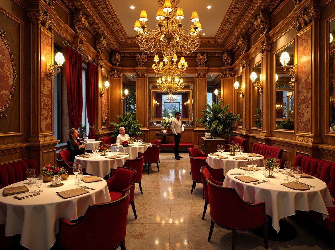 Prompt: Luxurious restaurant interior, rich Baroque style, ornate golden decorations, lavish chandeliers, intricate wooden carvings, velvet drapes, marble flooring, warm candlelight, soft focus, shallow depth of field, 1/2 composition, warm color palette, earthy tones, terracotta red, golden yellow, creamy white, deep crimson, emerald green, opulent fabrics, ornate patterns, gilded frames, regal atmosphere, intimate ambiance.