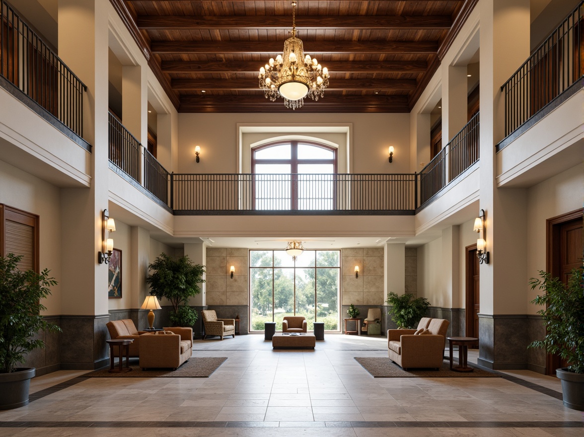 Prompt: Grand courthouse entrance, high ceilings, elegant chandeliers, sophisticated wood accents, neutral color palette, marble flooring, ornate metal railings, stately columns, comfortable seating areas, lush greenery, natural stone walls, warm ambient lighting, shallow depth of field, 1/1 composition, symmetrical balance, realistic textures, subtle reflections.