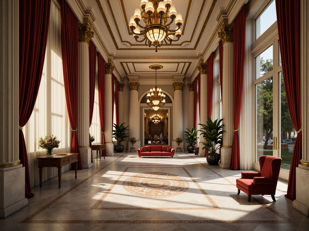 Prompt: Elegant neoclassical interior, ornate columns, marble flooring, grand chandelier, luxurious furnishings, velvet drapes, golden accents, intricate moldings, high ceilings, symmetrical composition, soft warm lighting, shallow depth of field, 1/1 composition, realistic textures, ambient occlusion, classic color palette, subtle patterns, refined details.