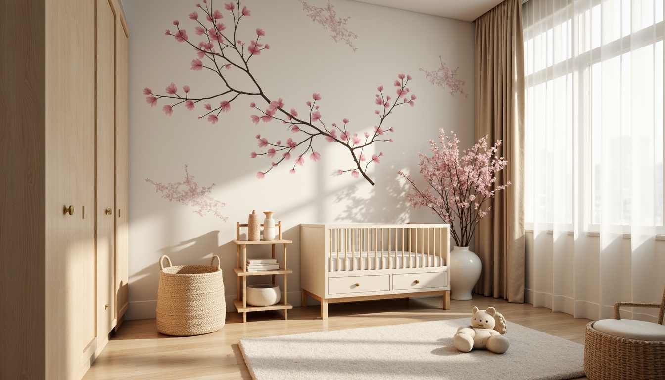 Prompt: Soothing baby room, traditional Asian decor, cherry blossom wallpaper, soft cream-colored furniture, delicate wooden crib, plush area rug, natural fiber curtains, subtle golden accents, gentle lighting fixtures, minimalist design, functional storage units, compact changing table, cozy reading nook, woven bamboo basket, serene ambiance, warm beige tones, 1/1 composition, intimate atmosphere, soft focus blur, realistic wood textures.