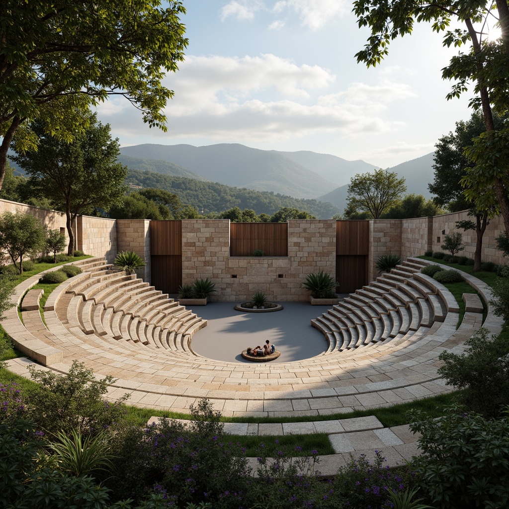 Prompt: Natural stone amphitheater, tiered seating, lush greenery surroundings, warm wooden accents, sound-absorbing materials, curved lines, open-air atmosphere, sunny day, soft natural lighting, misty morning dew, 3/4 composition, panoramic view, realistic textures, ambient occlusion, subtle shadows, gentle breeze, soothing ambiance.