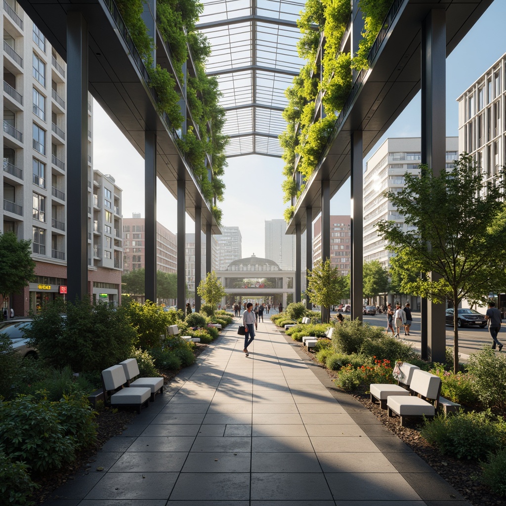 Prompt: Modern bus station, spacious waiting area, high ceilings, clerestory windows, natural light pouring in, skylights, green roofs, lush vegetation, urban landscape, busy streets, vibrant city life, morning sunlight, soft warm glow, shallow depth of field, 1/2 composition, symmetrical architecture, minimalist design, sustainable materials, eco-friendly infrastructure, innovative ventilation systems, comfortable seating areas, real-time bus schedules, digital displays, sleek metal columns, polished concrete floors.