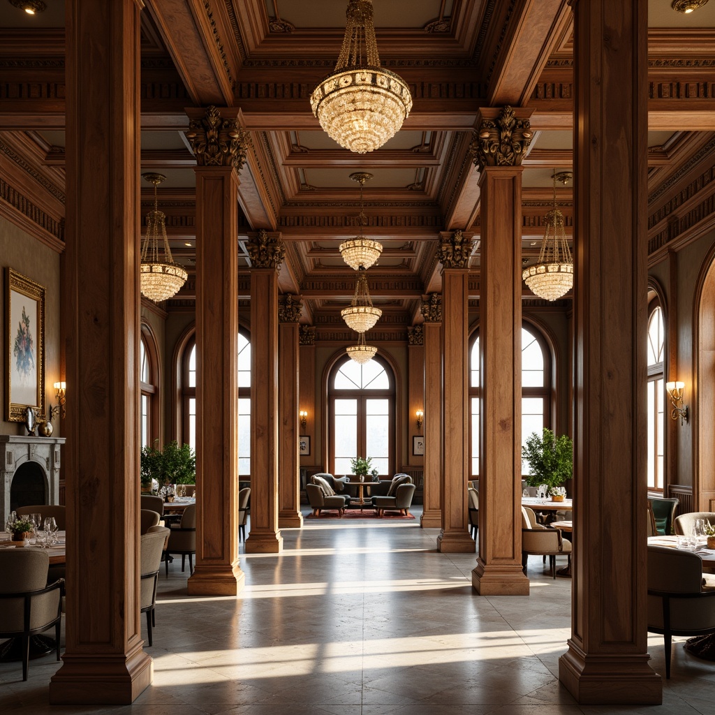 Prompt: Elegant interior, neoclassical columns, ornate capitals, intricate carvings, rich wood tones, polished marble floors, high ceilings, grand chandeliers, luxurious fabrics, subtle lighting, soft shadows, 3/4 composition, shallow depth of field, warm color palette, inviting atmosphere, symmetrical arrangement, harmonious proportions, refined details, sophisticated ambiance.