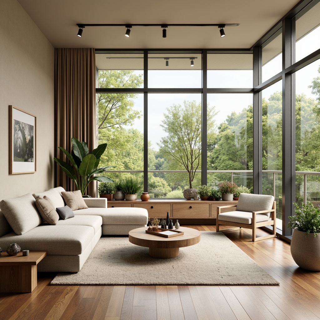 Prompt: Harmonious living room, minimalistic decor, soft beige walls, plush sectional sofa, sleek coffee table, floor-to-ceiling windows, natural oak flooring, modern track lighting, cozy reading nook, vibrant greenery, calm atmosphere, balanced composition, 2/3 rule, warm color palette, inviting textures, subtle shading, ambient occlusion.