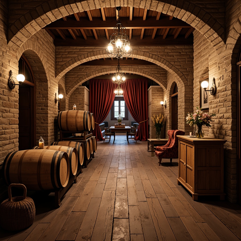 Prompt: Rustic wine cellar, distressed wood flooring, reclaimed oak planks, vintage wine barrels, soft warm lighting, dimmed chandeliers, earthy color palette, stone walls, arched doorways, wooden crates, rich velvet drapes, ornate metalwork, antique furniture pieces, aged brick accents, natural stonework, cozy intimate atmosphere, shallow depth of field, 1/2 composition, realistic textures, ambient occlusion.