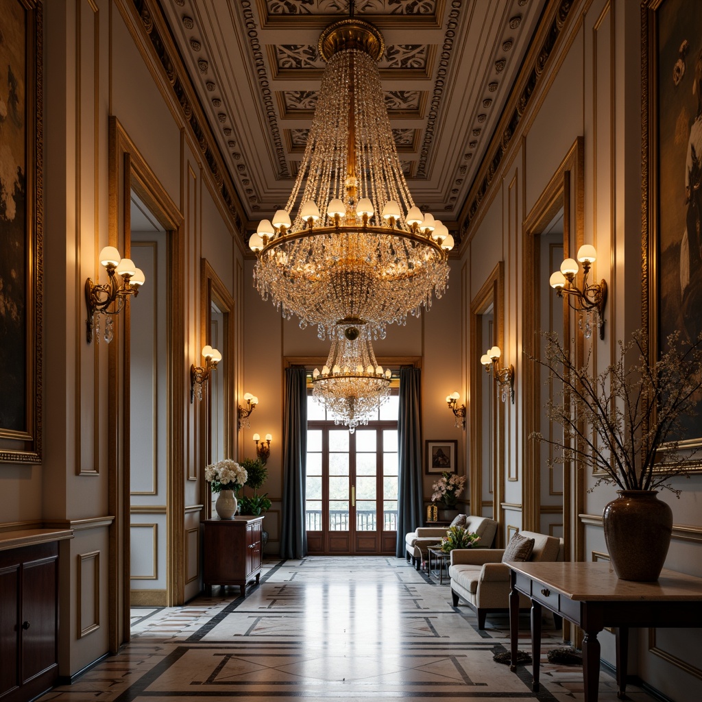 Prompt: Ornate chandeliers, crystal drops, gilded frames, soft warm glow, elegant sconces, classical columns, marble floors, high ceilings, ornamental moldings, intricate carvings, luxurious fabrics, rich wood tones, subtle color palette, natural daylight, ambient illumination, 1/1 composition, realistic renderings, detailed textures.