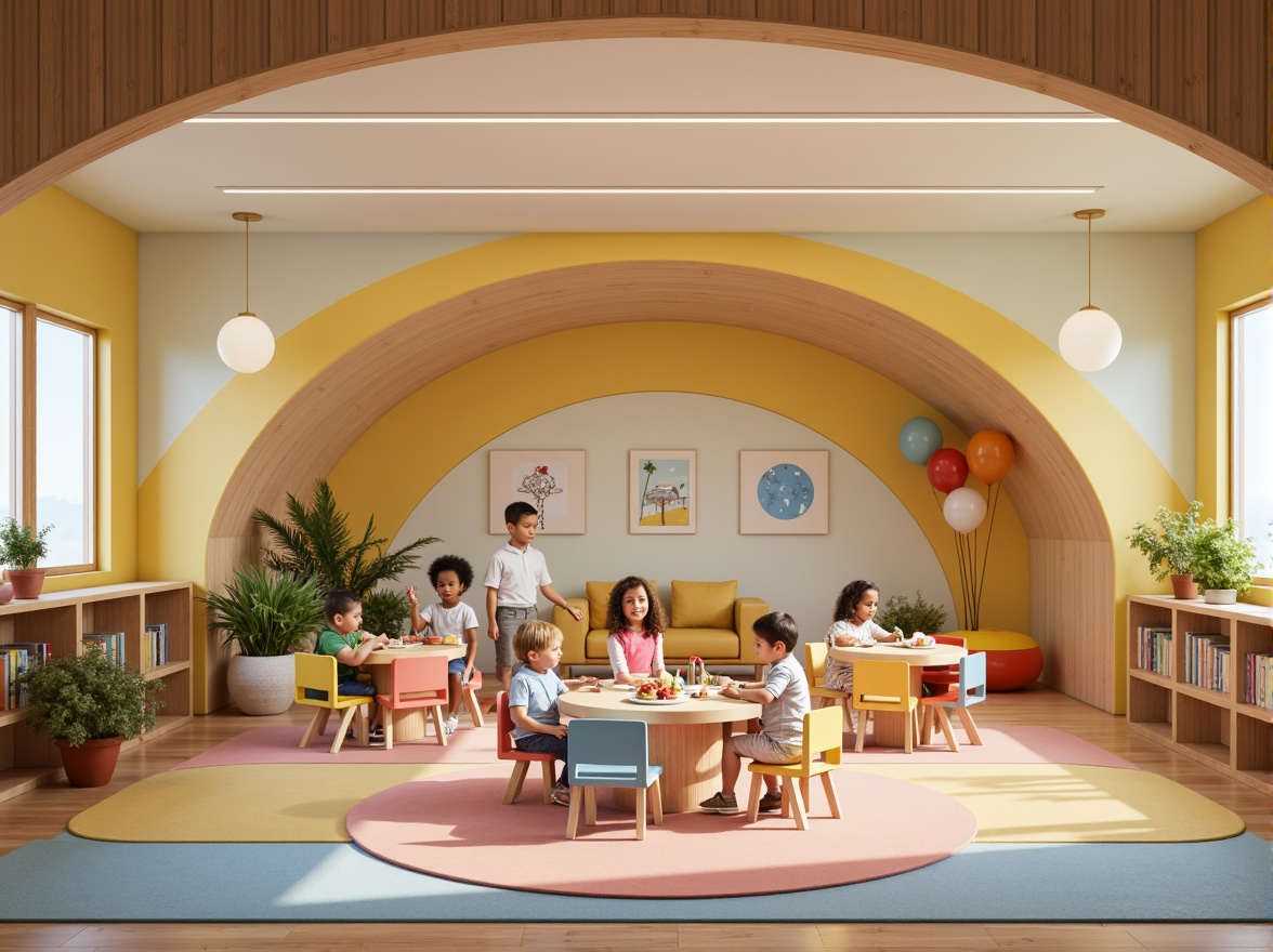 Prompt: Vibrant kindergarten interior, modern streamline design, curved lines, rounded shapes, soft pastel colors, natural wood accents, minimalist decor, cozy reading nooks, circular tables, tiny chairs, colorful rugs, whimsical wall art, playful lighting fixtures, pendant lamps, spherical shades, LED strip lights, warm white illumination, soft diffused light, 1/2 composition, intimate atmosphere, subtle shadows, realistic textures.