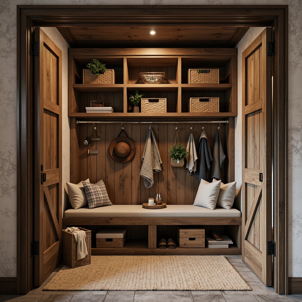 Prompt: Rustic mudroom, earthy tones, natural textures, wooden crates, woven baskets, industrial metal shelves, sleek storage units, hidden compartments, sliding barn doors, distressed finishes, vintage decor, warm ambient lighting, shallow depth of field, 1/1 composition, realistic wood grains, detailed rusty metal.