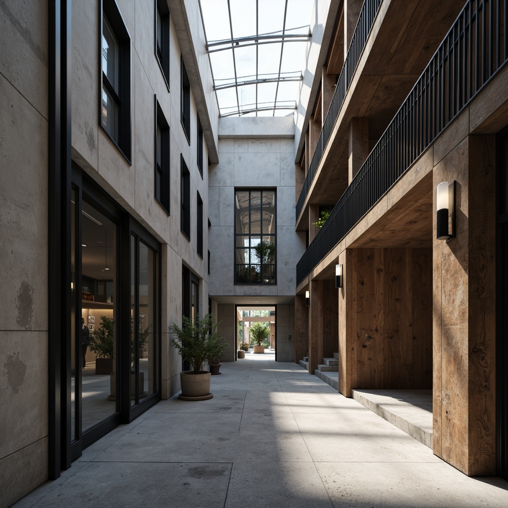 Prompt: Monochromatic color scheme, industrial chic, raw concrete walls, polished steel accents, rich wood tones, matte black metal frames, geometric patterns, minimal ornamentation, functional simplicity, brutalist architecture, natural light pouring in, soft warm glow, shallow depth of field, 1/1 composition, realistic textures, ambient occlusion.