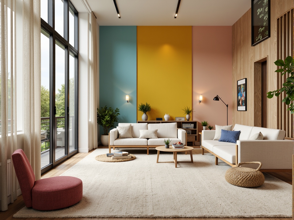 Prompt: Vibrant living room, modern interior design, bold accent walls, pastel-colored furniture, soft cream carpets, natural wood accents, industrial chic lighting, eclectic decorative accessories, warm beige tones, calming atmosphere, cozy reading nook, floor-to-ceiling windows, abundant natural light, subtle texture contrasts, 1/2 composition, shallow depth of field, realistic renderings.