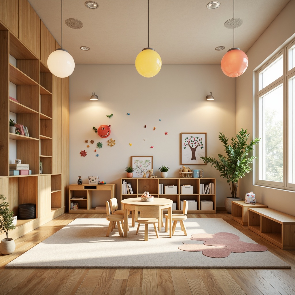 Prompt: Soft warm lighting, circular pendant lamps, colorful shade fixtures, wooden accents, minimalist design, open floor plan, kindergarten classroom, streamlining modern spaces, educational wall decor, child-friendly furniture, rounded edges, pastel color palette, natural wood tones, cozy reading nooks, whimsical artwork, playful textures, soft glow ambiance, 1/1 composition, realistic renderings.