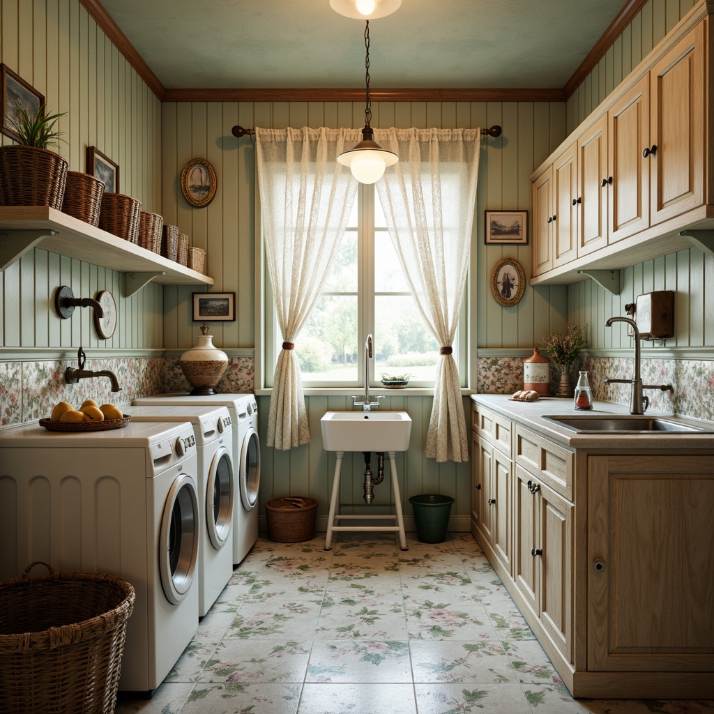 Prompt: Vintage laundry room, distressed wood cabinets, soft pastel colors, lace curtains, ornate metal fixtures, porcelain sinks, antique washing machines, woven wicker baskets, floral patterns, delicate ceramic tiles, warm soft lighting, shallow depth of field, 1/1 composition, realistic textures, ambient occlusion.