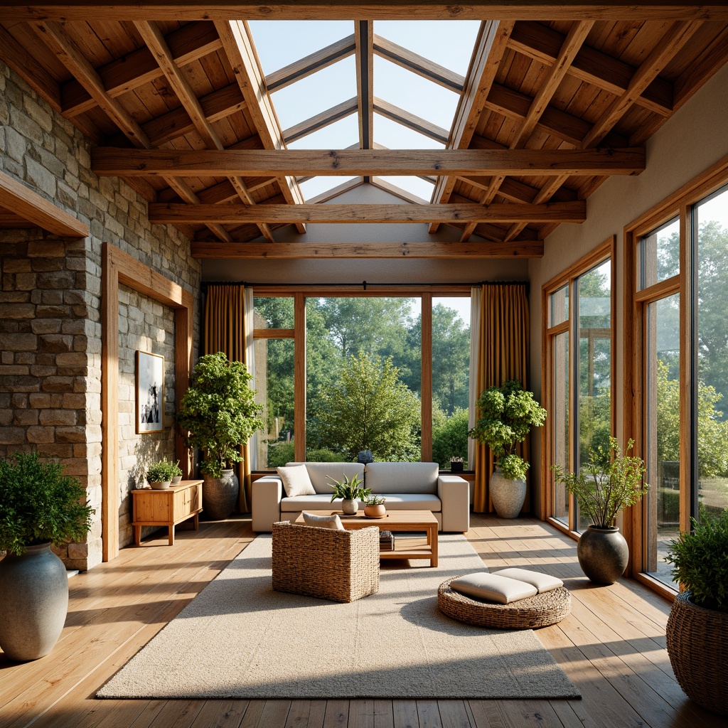 Prompt: Rustic sunroom, reclaimed wood beams, natural stone walls, earthy color palette, warm ambiance, abundant natural light, large windows, sliding glass doors, skylights, clerestory windows, wooden flooring, plush area rugs, comfortable seating, potted plants, greenery, botanical elements, soft warm lighting, shallow depth of field, 1/1 composition, realistic textures, ambient occlusion.