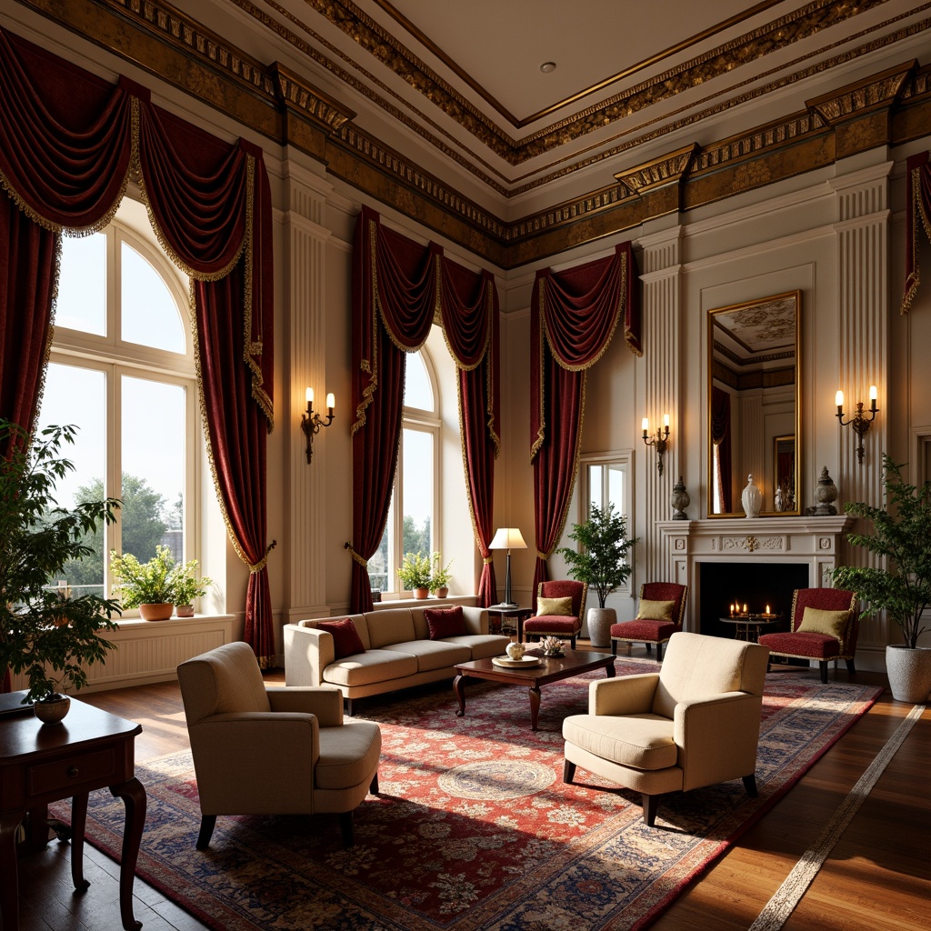 Prompt: Luxurious neoclassical interior, rich velvet fabrics, ornate golden embroidery, intricate floral patterns, subtle sheen, soft warm lighting, elegant drapery, lavish silk upholstery, classic motifs, sophisticated color palette, refined textures, ornamental tassels, majestic columns, stately chandeliers, dramatic ceiling heights, sweeping archways, grandiose spaces, highly polished wood floors, antique furniture pieces, timeless beauty.