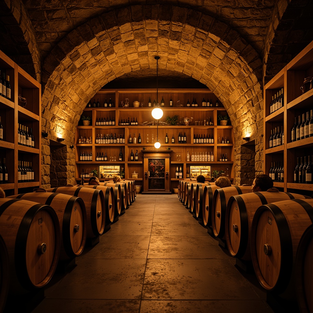 Prompt: Dimly lit wine cellar, warm golden lighting, soft ambient glow, rustic stone walls, wooden barrels, elegant glassware, rich wood accents, sophisticated metalwork, dramatic floor-to-ceiling shelving, subtle color temperature contrast, high-contrast ratio, narrow depth of field, 1/2 composition, low-angle shot, atmospheric mist, realistic reflections, warm color palette, luxurious textures.