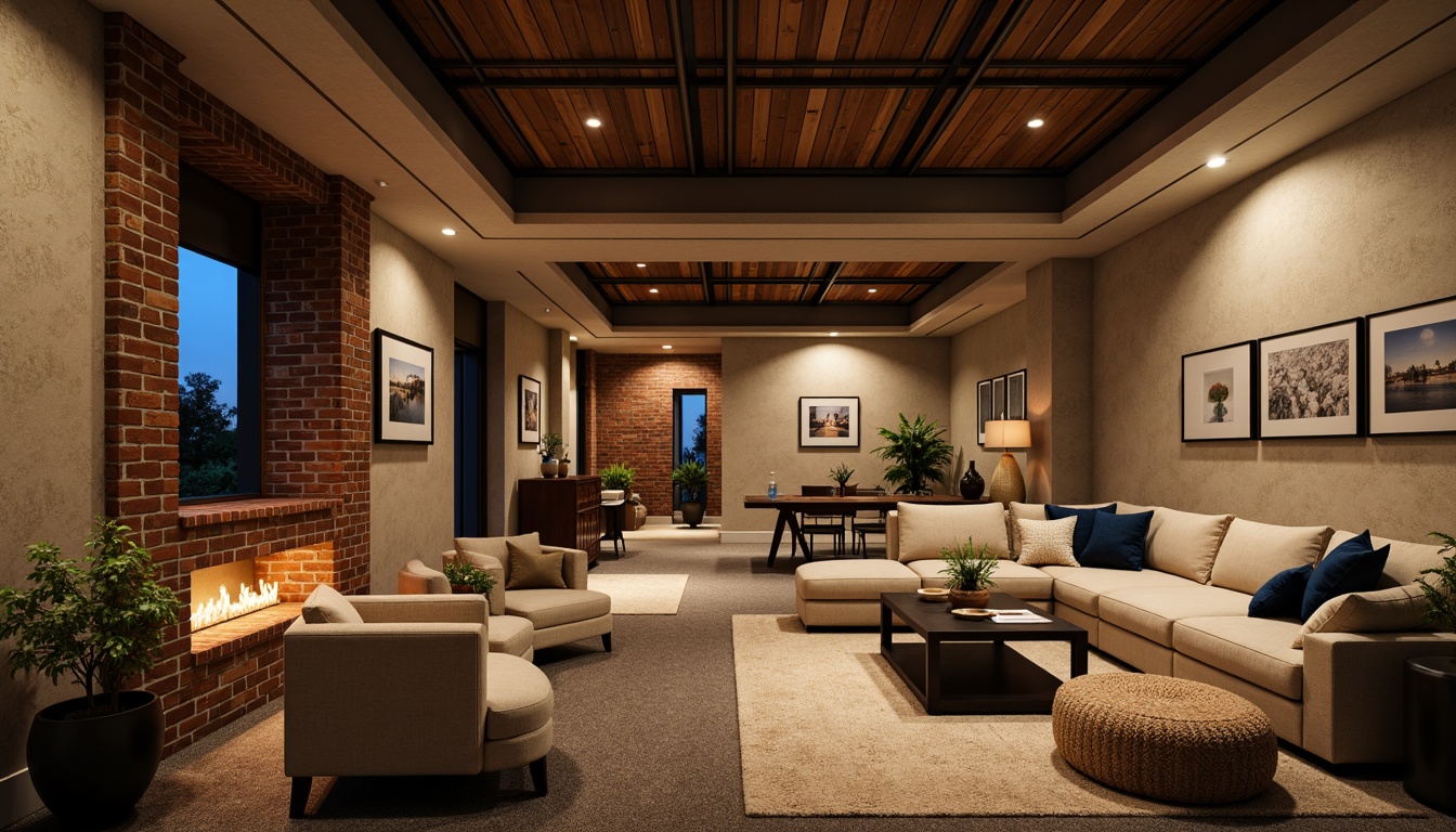 Prompt: Cozy basement atmosphere, warm earthy tones, rich wood accents, soft cream walls, deep blue undertones, moody lighting, industrial metal beams, rustic stone foundations, plush carpets, comfortable furnishings, intimate gathering spaces, relaxing ambiance, warm beige ceilings, natural textures, organic patterns, calming color scheme, subtle contrast, 2/3 composition, atmospheric shading, realistic rendering.