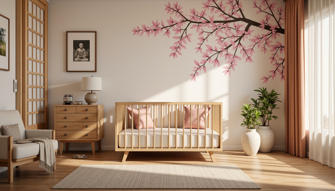 Prompt: Delicate cherry blossom wall decals, soft pink and cream hues, intricately carved wooden crib, plush silk fabrics, gentle lantern lighting, natural bamboo flooring, serene Asian-inspired art pieces, subtle kanji patterns, cozy throw blankets, traditional Japanese sliding doors, whimsical paper lanterns, vibrant greenery, peaceful Buddha statue, warm beige tones, creamy white furniture, 1/2 composition, soft focus, warm golden lighting.