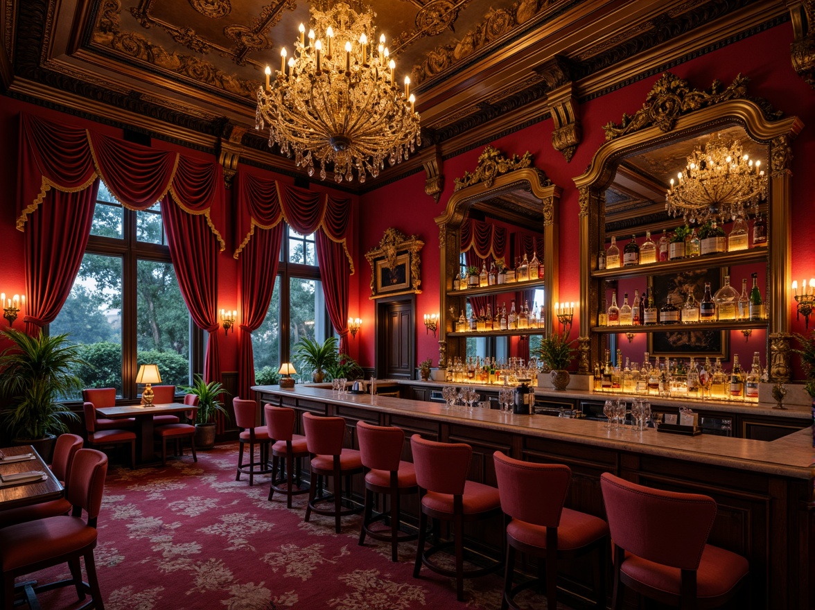 Prompt: Ornate baroque home bar, luxurious velvet drapes, golden accents, intricate carvings, rich wood tones, ornamental mirrors, lavish chandeliers, grandiose architectural details, opulent upholstery, crimson red walls, dimly lit atmosphere, warm candlelight, 3/4 composition, shallow depth of field, realistic textures, ambient occlusion.