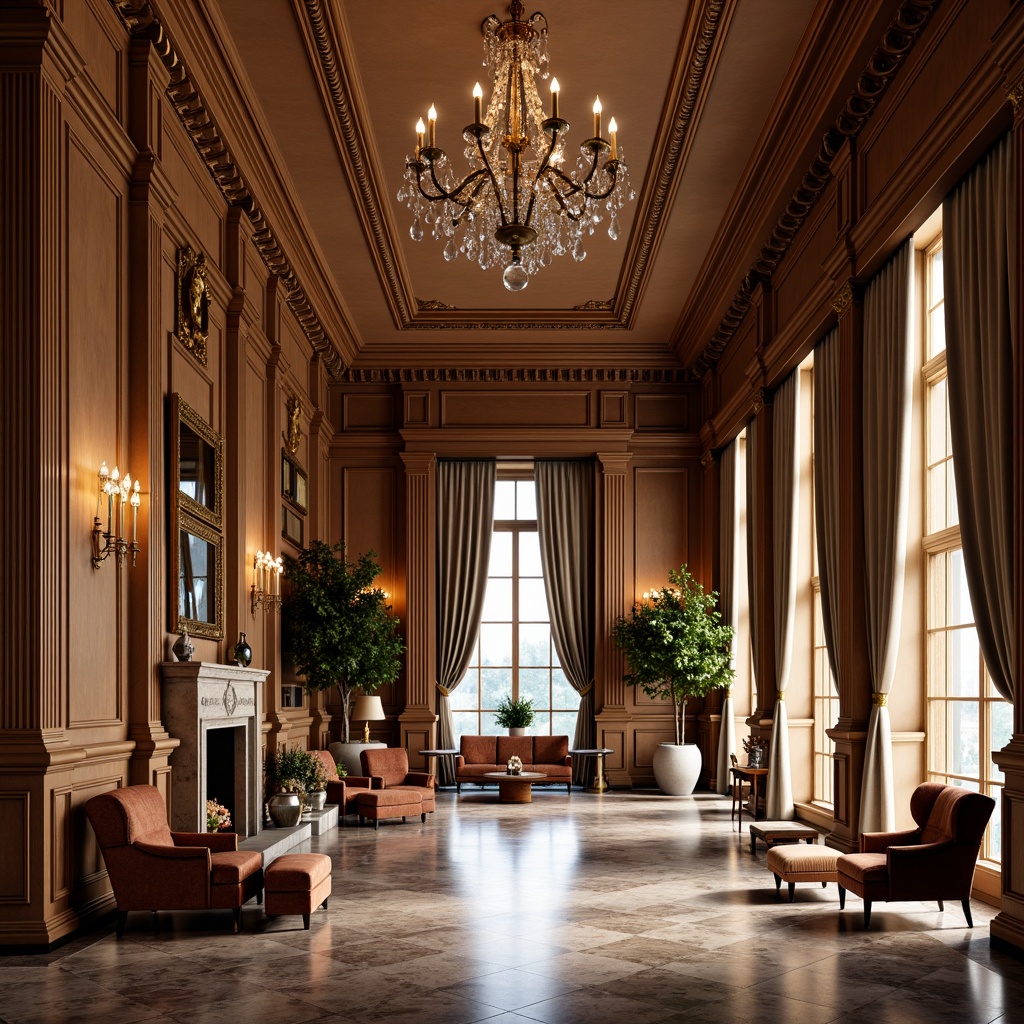 Prompt: Elegant neoclassical interior, ornate moldings, rich wood tones, velvet upholstery, curved lines, gilded accents, crystal chandeliers, marble floors, tall windows, draped curtains, stately columns, refined proportions, symmetrical composition, soft warm lighting, subtle shading, 1/1 perspective, realistic reflections, ambient occlusion.