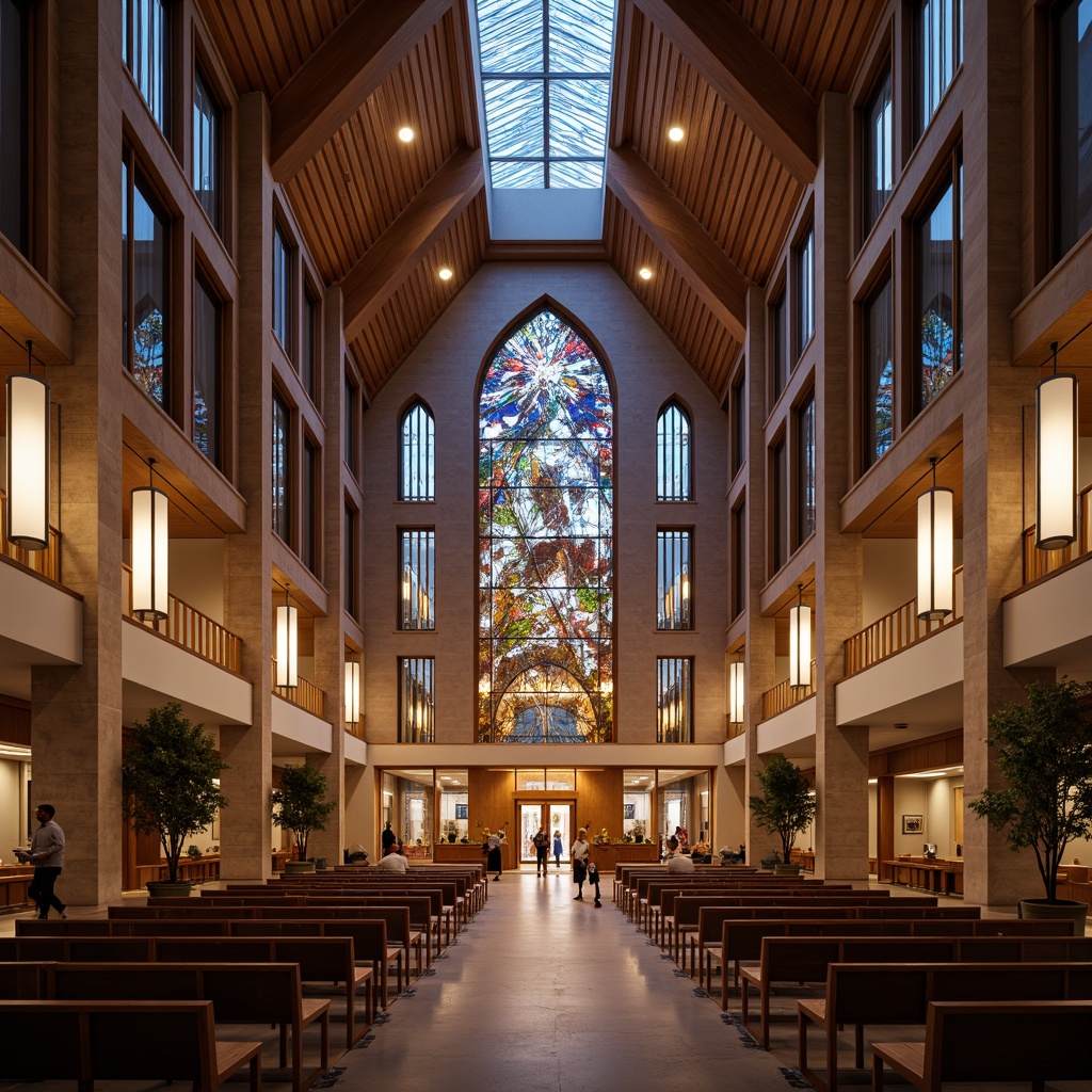 Prompt: Contemporary church interior, vaulted ceilings, stained glass windows, ornate chandeliers, warm ambient lighting, subtle color temperature shifts, softbox diffusers, LED accent lights, minimalist pews, polished wood floors, natural stone walls, grand entrance doors, dramatic vertical beams, clerestory windows, diffuse overhead lighting, 1/1 composition, low-key contrast, realistic materials, atmospheric rendering.