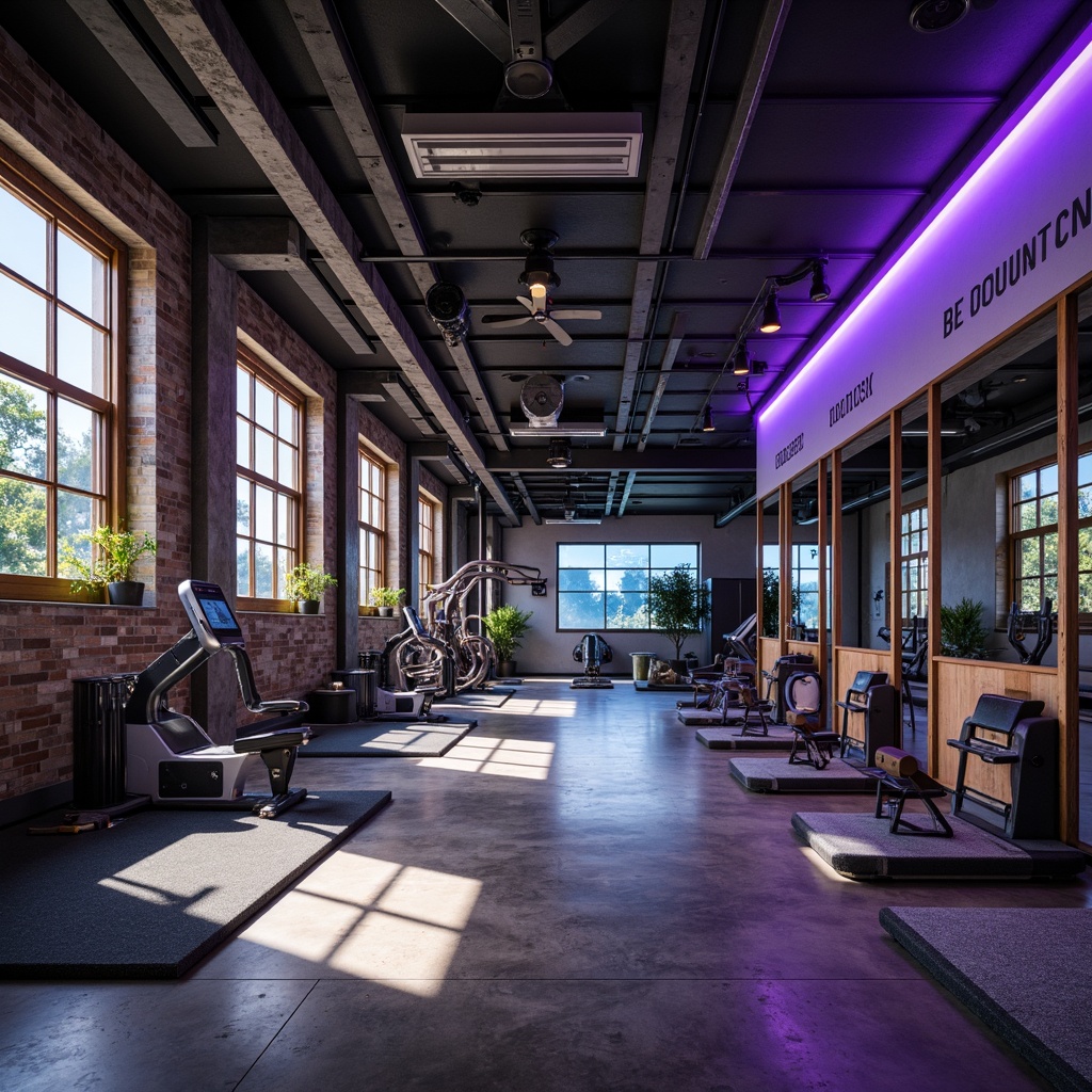 Prompt: Modern home gym, industrial-chic aesthetic, exposed ductwork, polished concrete floors, reclaimed wood accents, floor-to-ceiling windows, natural light pouring in, sleek metallic equipment, vibrant neon lighting, LED strip lights, color-changing ambient illumination, futuristic ambiance, high-contrast shadows, dramatic spotlights, minimalist decor, motivational quotes, mirrored walls, rubber flooring, sound-absorbing panels, state-of-the-art fitness technology, 3/4 composition, low-angle shot, cinematic lighting.