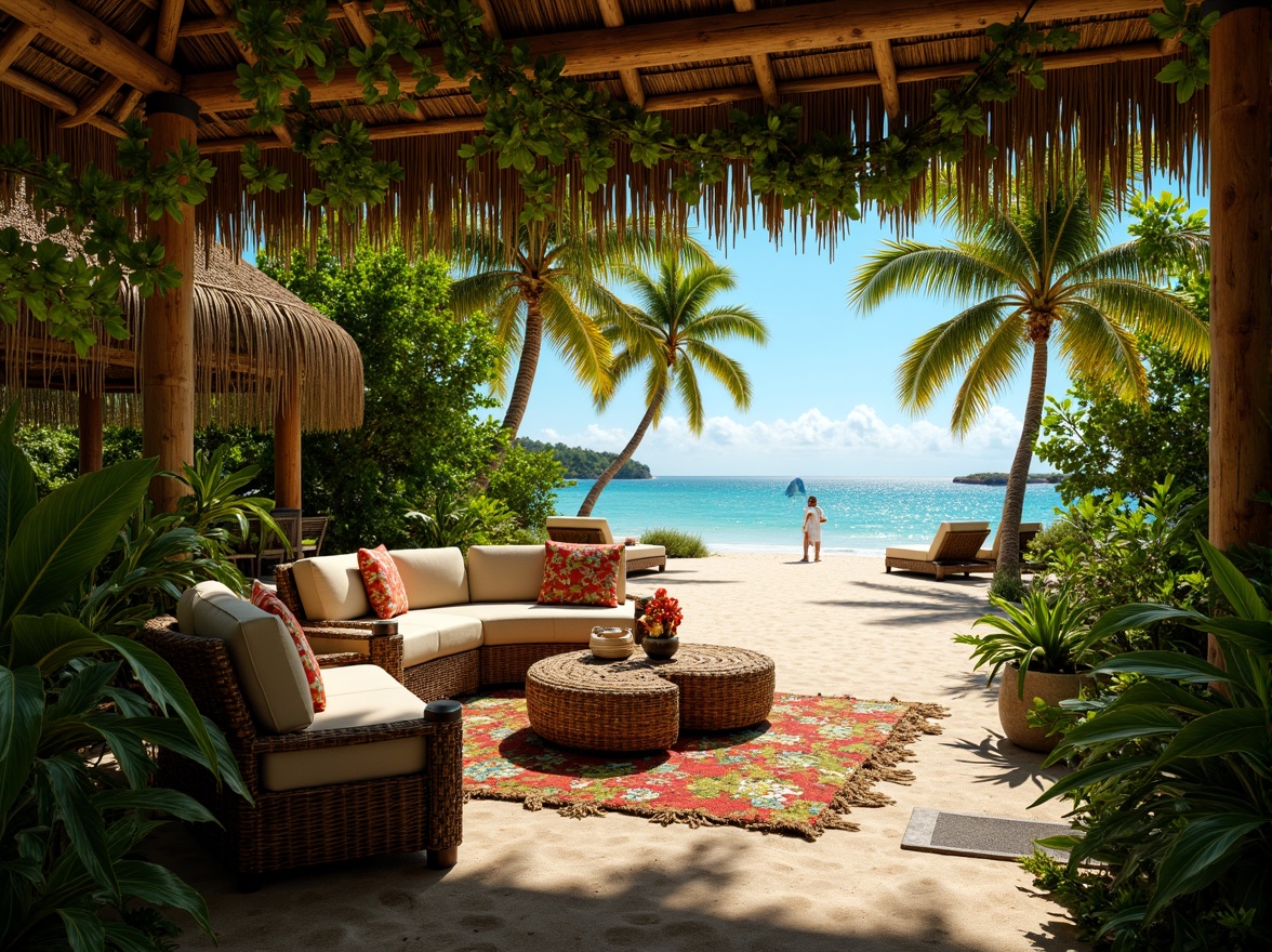 Prompt: Exotic tropical paradise, lush green foliage, vibrant floral patterns, rustic wooden accents, woven rattan furniture, natural fiber textiles, colorful tiki torches, shimmering turquoise water, powdery white sandy beach, swaying palm trees, warm sunny day, soft golden lighting, high contrast ratio, 1/2 composition, cinematic depth of field, realistic renderings, ambient occlusion.