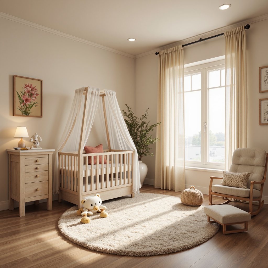 Prompt: Cozy nursery, soft plush carpets, gentle pastel colors, adorable baby furniture, crib with canopy, changing table, rocking chair, warm beige walls, natural wood accents, calming mobiles, soothing music, comfortable glider, snuggle-up blanket, breathable cotton fabrics, hypoallergenic materials, subtle sheen, delicate lace trim, serene ambiance, warm soft lighting, shallow depth of field, 1/1 composition.