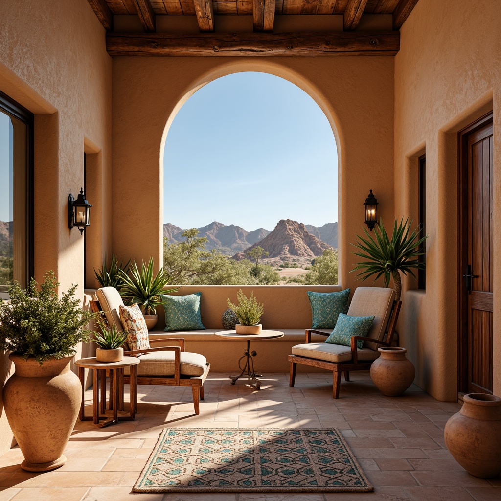 Prompt: Adobe earth-toned walls, rustic wooden accents, vibrant turquoise decorations, geometric patterned tiles, Southwestern-inspired furniture, desert landscape views, warm sandy dunes, clear blue skies, succulent plants, clay pottery vases, woven textiles, natural fiber rugs, earthy color palette, stucco exterior finishes, Spanish-style architecture, arched windows, ornate metal door handles, rustic wooden ceiling beams, warm ambient lighting, shallow depth of field, 1/1 composition, realistic textures, ambient occlusion.